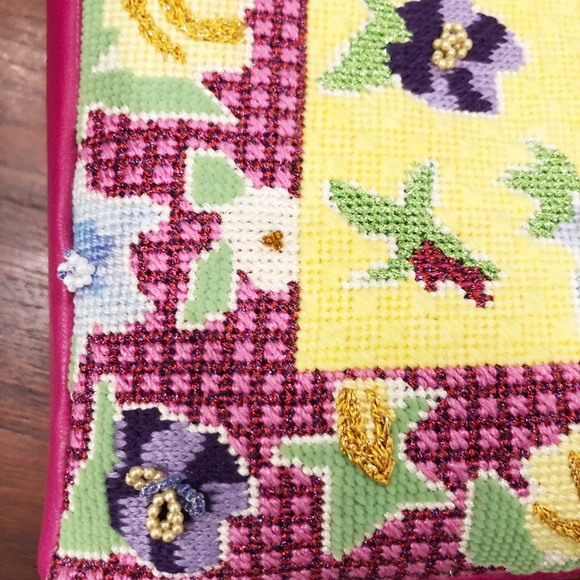 Floral Hot Pink Needlepoint Tote/Shoulder Bag with Beaded Handle, Suede Lining - Picture 9 of 11